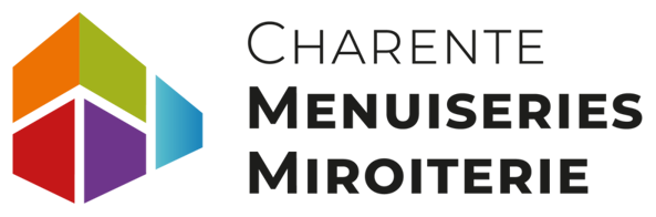logo Charente Menuiseries Miroiterie, vente et installation de menuiseries en Charente. C'est un hexagone et un quadrilatère accolé avec du orange, du vert, du rouge, du violet et du bleu