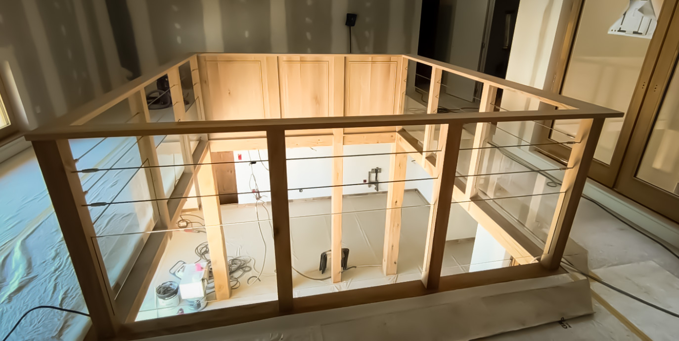 Garde-corps en bois, verre et cable inox